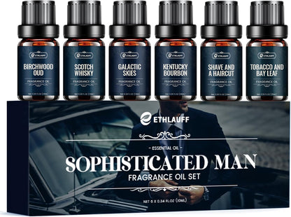 Men Essential Oils Set - TOP 6 Gentlemen's Fragrance Oil for Diffuser, Candle & Soap Making - Tobacco and Bay Leaf, Kentucky Bourbon, Galactic Skies, Scotch Whisky, Birchwood Oud