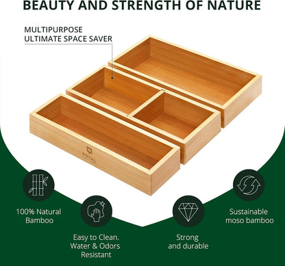 ROYAL CRAFT WOOD Luxury Bamboo Drawer Organizer Storage Box, Bin Set - Multi-Use Drawer Organizer for Kitchen, Bathroom, Office Desk, Makeup, Jewelry (3 Boxes)