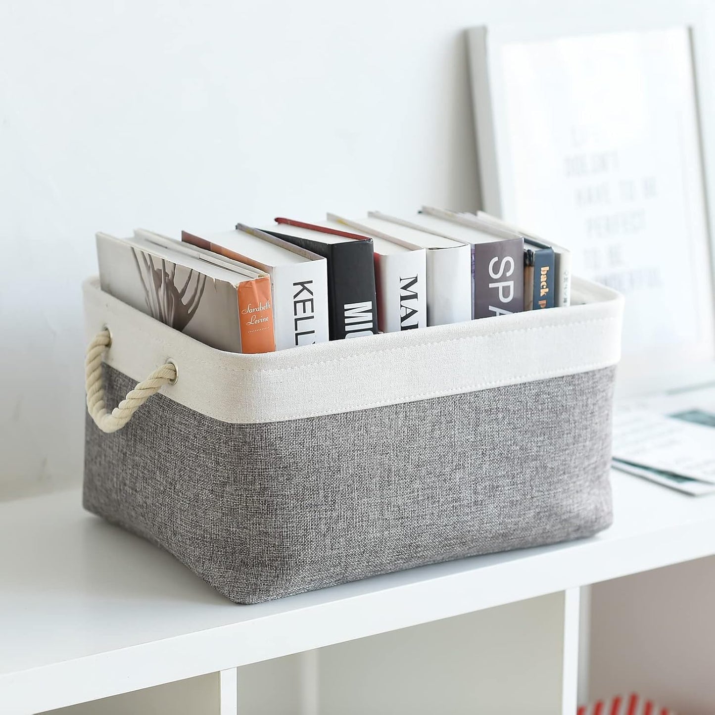 TheWarmHome Organization and Storage Basket for Organizing- 16x12x8 inch 1 Pack Fabric Storage Cubes, Collapsible Storage Bins for Shelves Organizer Gift Closet Cloth Toy (White & Grey)