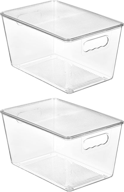 Vtopmart 2 Pack Clear Stackable Storage Bins with Lids, Large Plastic Containers with Handle for Pantry Organizer and Storage,Perfect for Bathroom,Cabinet,Kitchen,Fridge,Closet Organization