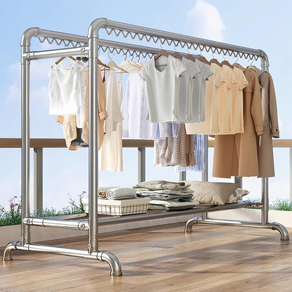 Clothes Drying Rack with Windproof Hooks, 78.7 inch Adjustable Heavy Duty Laundry Drying Rack, Free Standing Metal Clothes Rack, for Indoor Outdoor