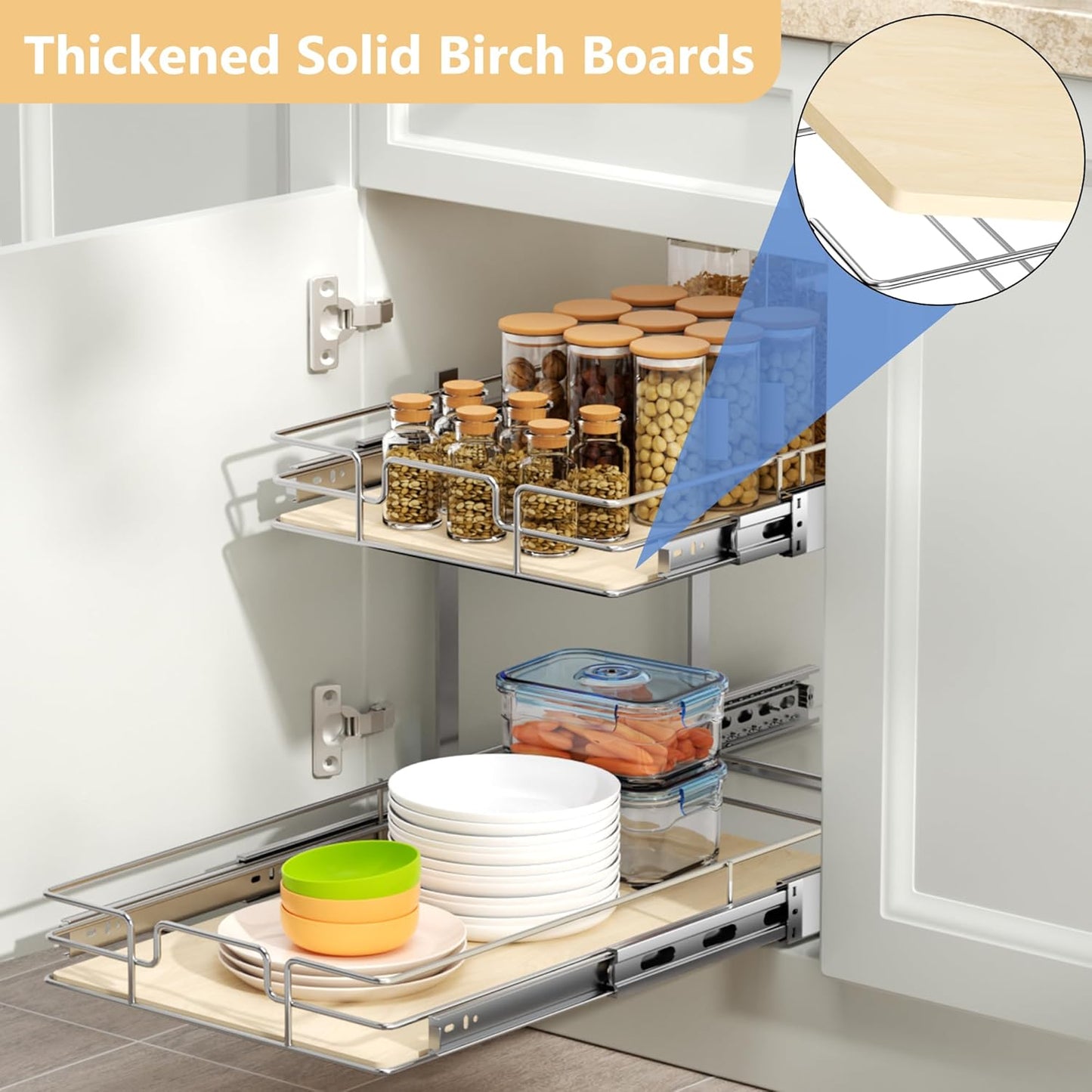 ROOMTEC 2 Tier Individual Pull Out Cabinet Organizer 13½"W x 21½"D, Slide Out Wood Shelves Organizers, Pull Out Drawers Organization and Storage for Kitchen Cabinet