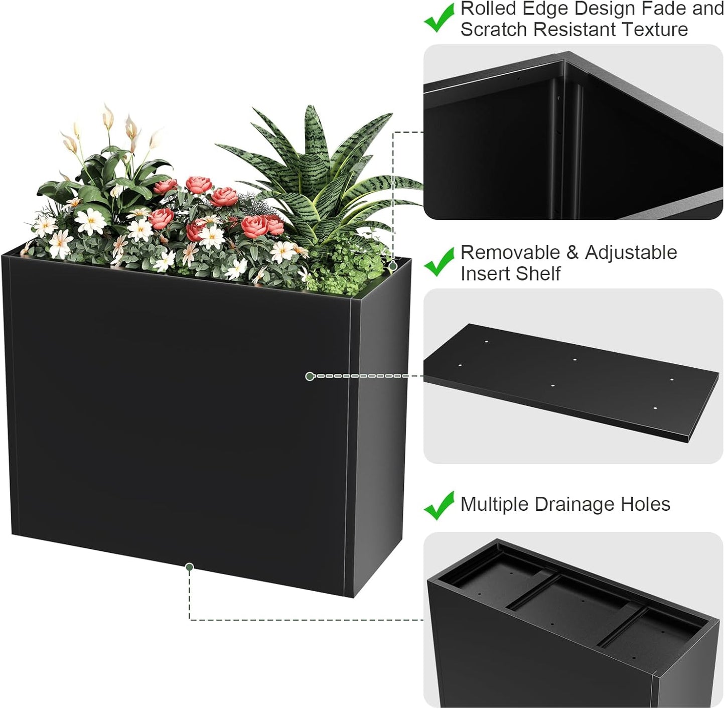 Tall Metal Cube Planter for Outdoor Plants 36" L x 12" W x 26" H, Heavy Duty Steel Large Planter Box with Removable Insert Shelf, Modern Décor for Tall Plants, Trees, Flowers (Black)