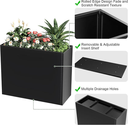 Tall Metal Cube Planter for Outdoor Plants 36" L x 12" W x 26" H, Heavy Duty Steel Large Planter Box with Removable Insert Shelf, Modern Décor for Tall Plants, Trees, Flowers (Black)