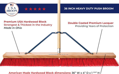 USA Broom 36" Everyday Sweep Indoor/Outdoor Push Broom with 60" Handle. Ideal for Garages & Shops. Durable American Made Steel Brackets-All Stainless Steel Hardware. No Plastic. 100% Made in The USA.