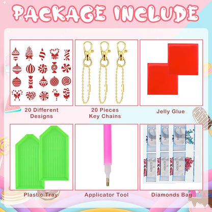 Tondiamo 20 Pcs Christmas Diamond Painting Keychain Kits 5D DIY Diamond Art Pendants Double Sided Hanging Key Chains for Christmas Party Decoration DIY(Cane Style)