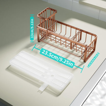 HapiRm Sponge Holder for Kitchen Sink - Self-draining Sink Caddy with Brush and Dishcloth Holders, Stainless Steel Kitchen Organizer for Countertop - Rose Gold