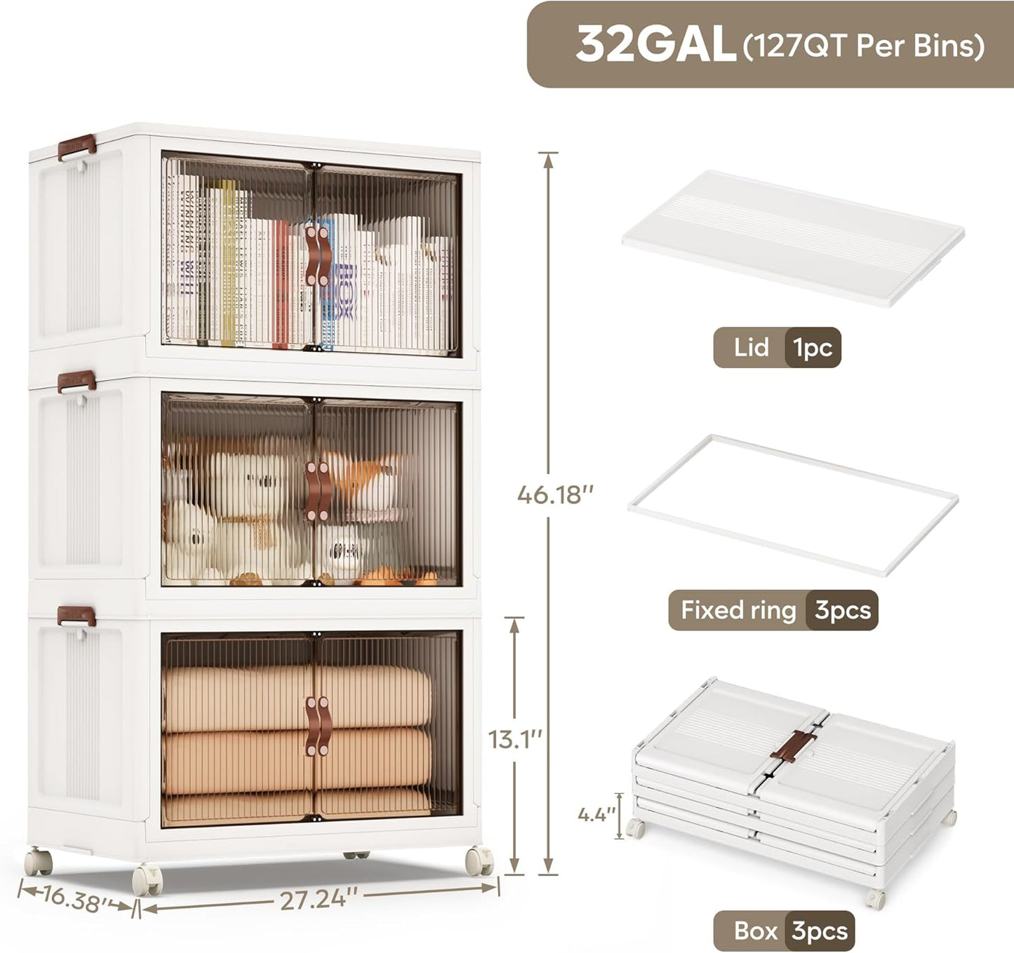 Jalove 90Gal Large Storage Bins with lids, 360QT Plastic Stackable Storage Containers with Wheels, Collapsible Closet Organizer and Storage Drawers,Clothes Organization for Cabinet Home, 3Pack White