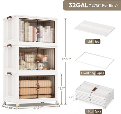 Jalove 90Gal Large Storage Bins with lids, 360QT Plastic Stackable Storage Containers with Wheels, Collapsible Closet Organizer and Storage Drawers,Clothes Organization for Cabinet Home, 3Pack White