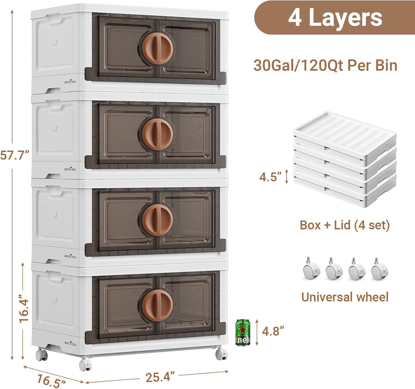 BROVIEW 480Qt Lockable Stackable Storage Bins with Lids, Closet Organizers and Storage Drawer, Collapsible Storage Bin with Wheels, Plastic Cabinet for Toy Clothes Dorm Organizer, V9 4 Pack Brown