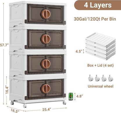 BROVIEW 480Qt Lockable Stackable Storage Bins with Lids, Closet Organizers and Storage Drawer, Collapsible Storage Bin with Wheels, Plastic Cabinet for Toy Clothes Dorm Organizer, V9 4 Pack Brown