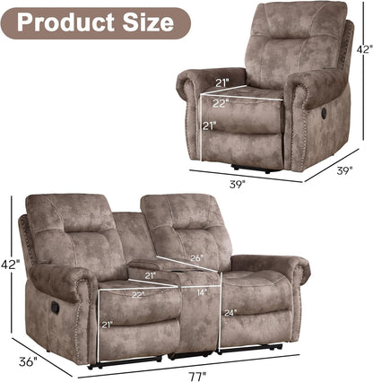 EBELLO 2 Pieces Reclining Couch Furniture Set for Living Room, 1 Seat Power Recliner Chair and a Manual Loveseat with Center Console, Hidden Storage and Cup Holders, Brown