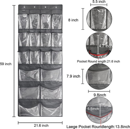Extra Large Hanging Over Door Shoe Organizer, Closet Shoe Rack - 12+6 Crystal Pockets, 4 Hooks, Black (59"x 21.6")