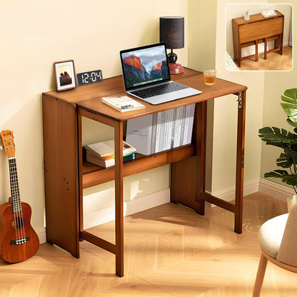 31.5" Bamboo Folding Desk,Space-Saving Computer Desk for Small Spaces, Foldable Study Table for Bedroom, Home Office, Dorm, Apartment（Brown