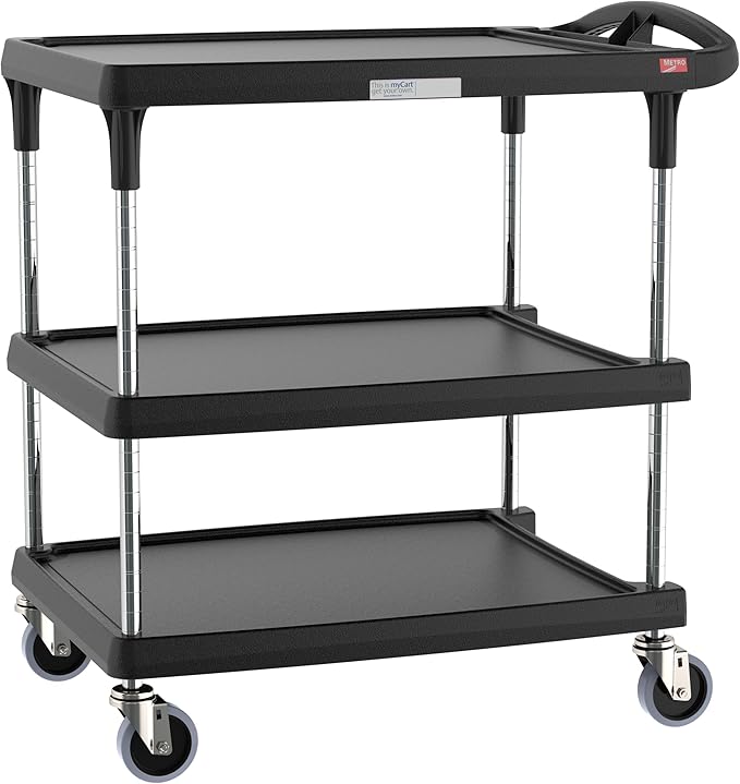 Metro myCart Plus Utility Cart - Choose-Your-Height Adjustable Heavy Duty Rolling Cart for Home, Commercial and Industrial Use - 3-Shelf, 400 lbs Capacity - 23.9" W x 34.4" L x 35.5-39.5" H - Black