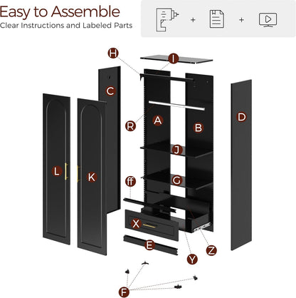 71" Metal Armoire Wardrobe Closet with 2 Doors and Drawer, Tall Wardrobe Cabinet with Hanging Rod and Adjustable Shelves, Black Clothing Storage Cabinets for Bedroom, Home Office