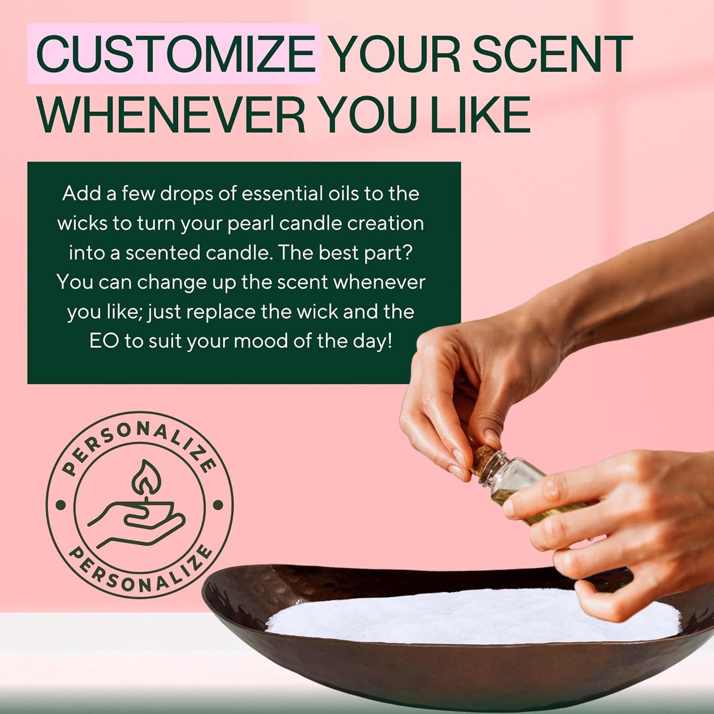 LILY LADUE Candle Refill Kit - 2Lb/32Oz Pearled Candles Sand and Wicks (48) and Hammered Bronze Holder, Reusable Unique Sand Candles with Wicks for Candle Making, Bulk Unscented Pearl Wax Beads