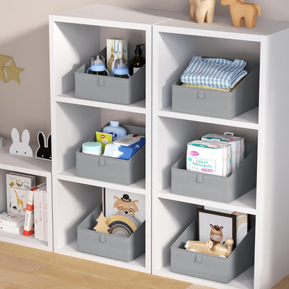 DIMJ Storage Bins for Closet, Trapezoid Storage Bins with Front Handle, Fabric Storage Baskets for Shelves, Line Closet Organizers for Toys, Boooks, Clothes, 6 Packs (Grey)