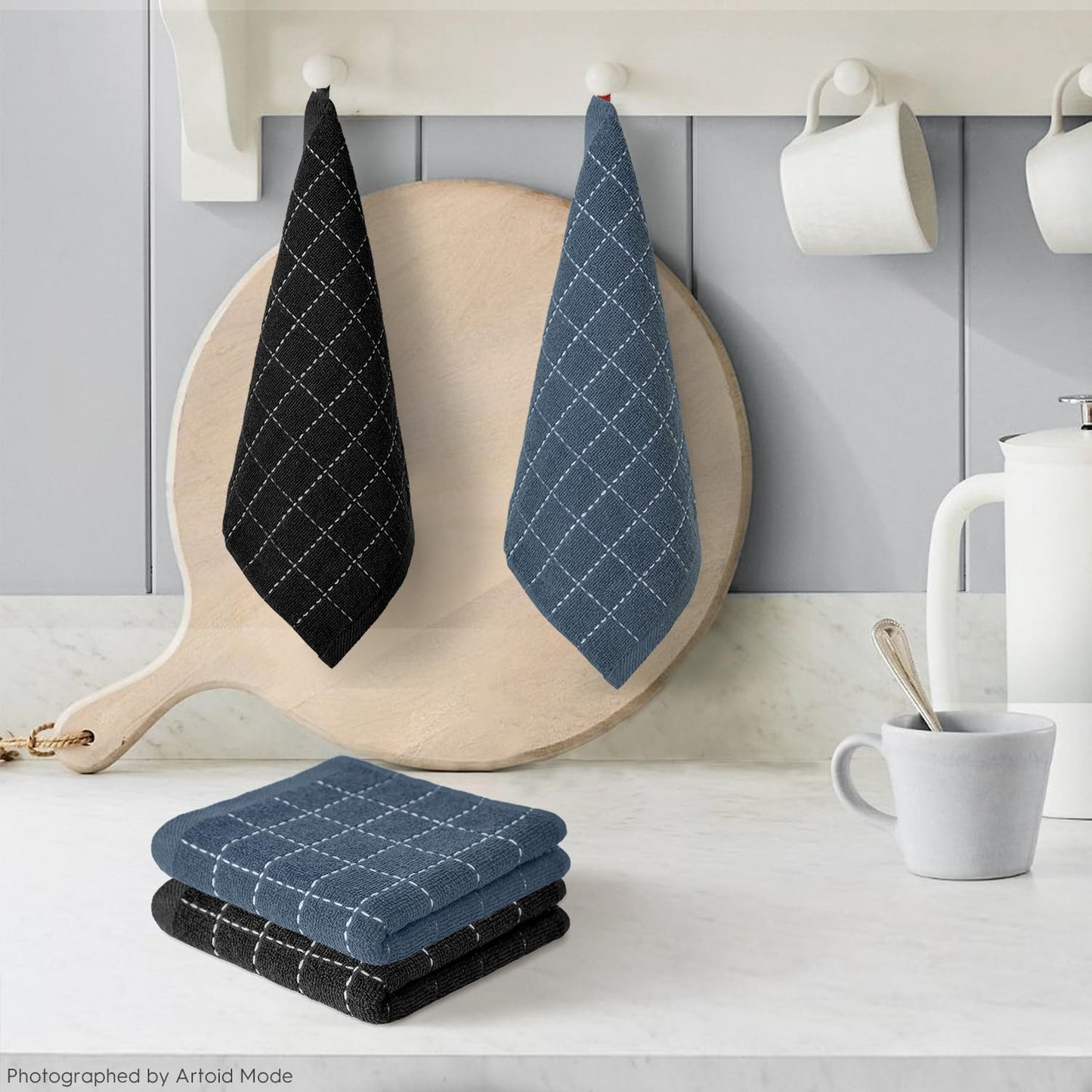 Artoid Mode Checkered Designed Cotton Black Grey Terry Kitchen Dish Cloths, 12x12 Inch Soft Absorbent Quick Drying Cleaning Kitchen Rags Set of 6