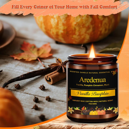 Fall Candle | Vanilla Pumpkin Scented Candle - Scented Candles for Autumn, 7oz Autumn Soy Candles with 50hr Burn Time, Holiday Thanksgiving Fall Gifts for Women Men