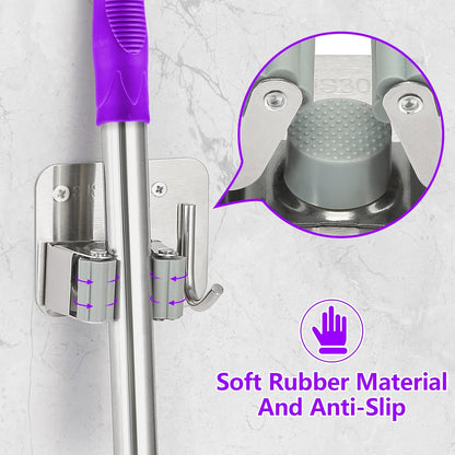 Broom Holder Wall Mount Screw Drilling, Sturdy Heavy Duty Stainless Steel Mop Gripper Rack Perforated, Perfect for Laundry Room Organizer, Fit with Laundry Kitchen Garage Garden Storage System