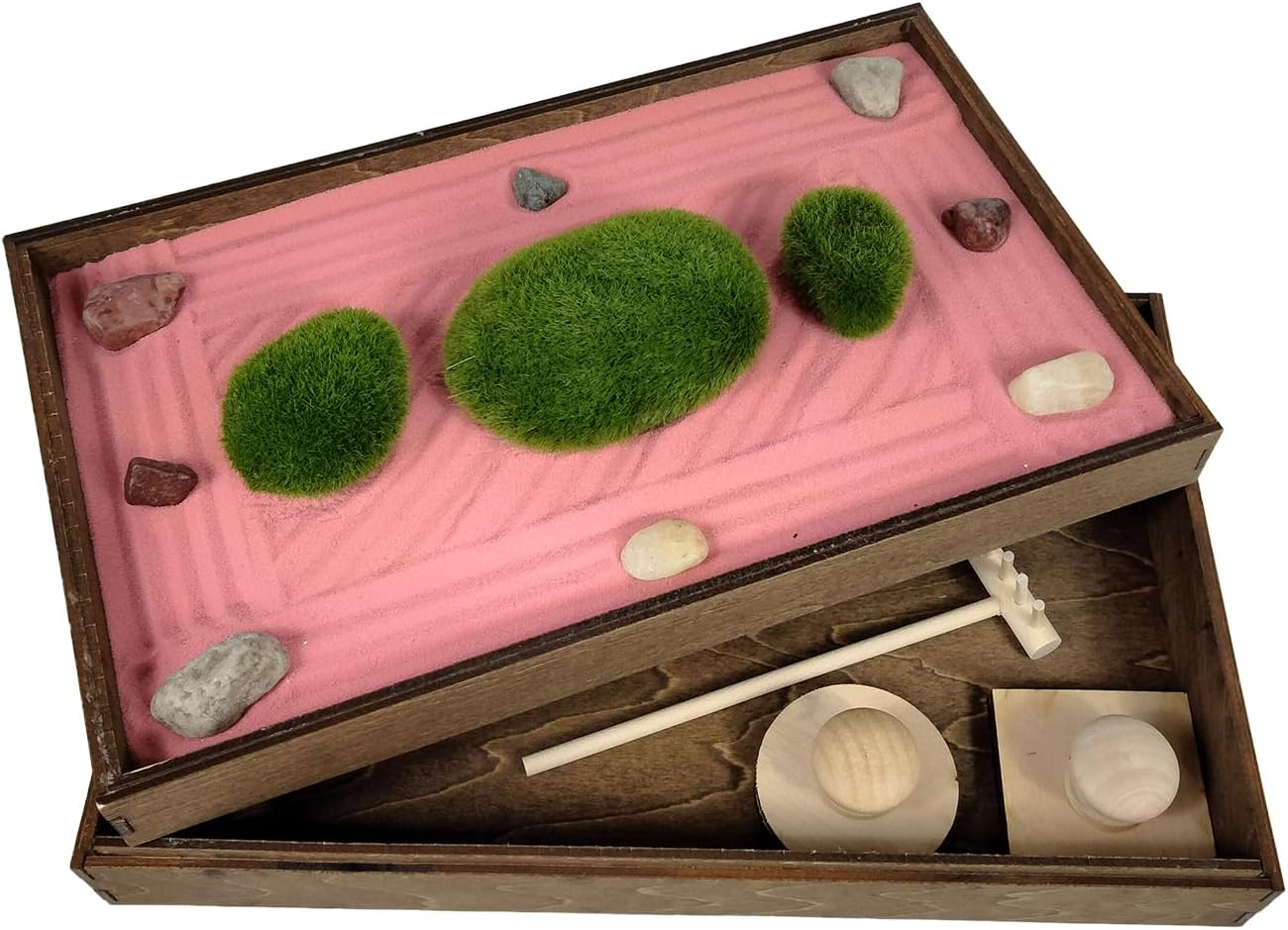Wooden Stackable Zen Garden | Desert Rose Sand with Rake & Accessories | Minimalist Decor Gift for Relaxation