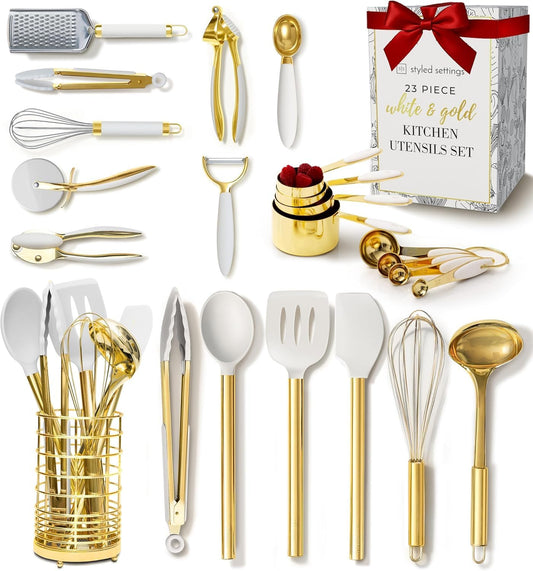 White and Gold Kitchen Utensils Set - 23-Piece Gold Kitchen Accessories Include Measuring Cups and Spoons Set, Silicone Utensils, and Utensil Holder for Baking, Cooking, and Stylish Kitchen Decor