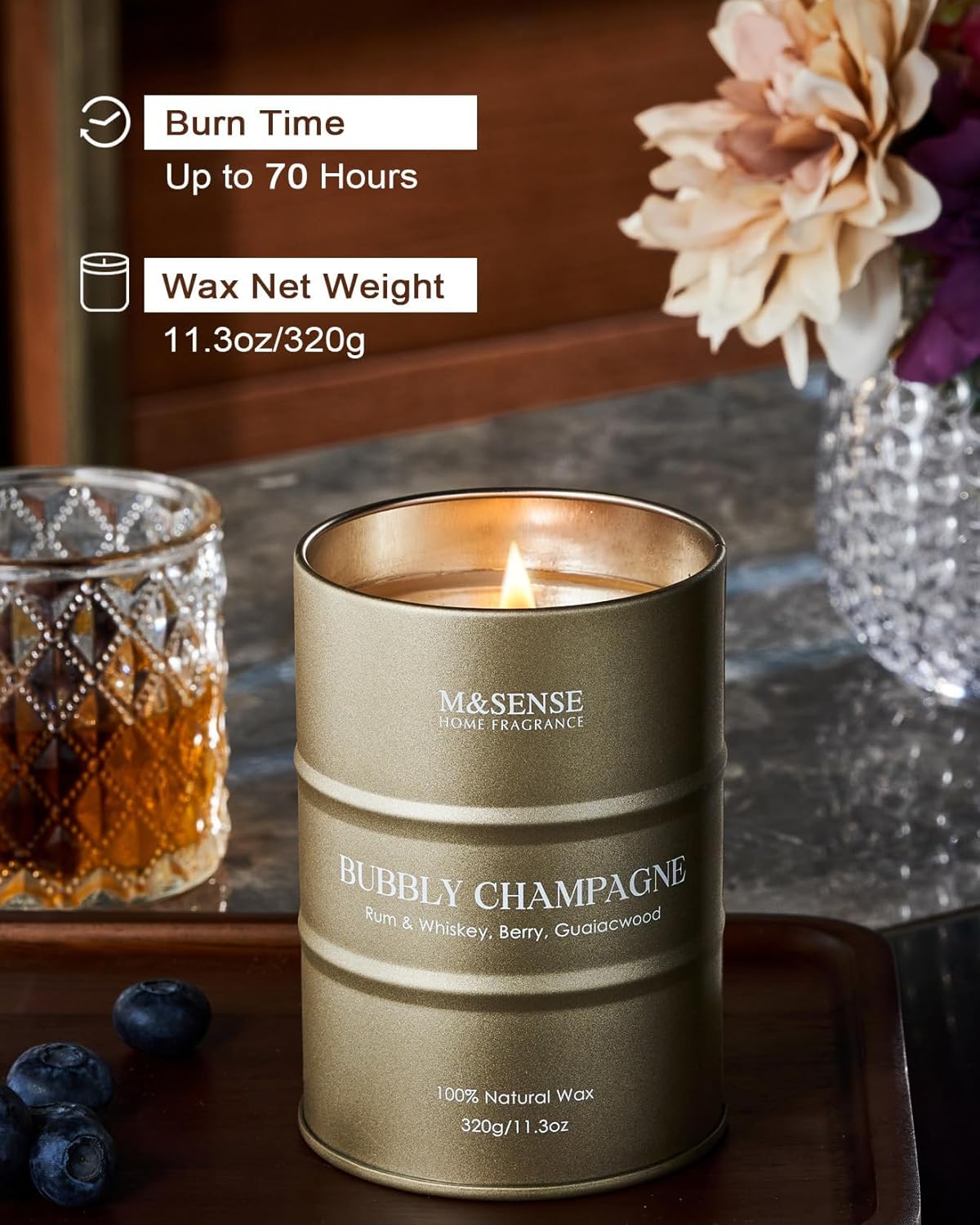 M&SENSE Bubbly Champagne Scented Candles - Home & Gift, Natural Soy, 70 Hour Burn Time, 11.3 oz