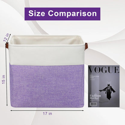 Large Fabric Storage Baskets | 50L Storage Bins, Decorative Linen Closet Baskets with Handles for Organizing, Shelf, Toys, Clothes, Home, Office, Nursery, 17x12x15Inches (Purple&White)