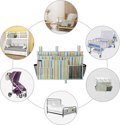 Surblue Bedside Caddy Hanging Bed Organizer Storage Bag Pocket for Bunk and Hospital Beds, College Dorm Rooms Baby Bed Rails, Camp 8 Pockets, (Large, Green Stripe)