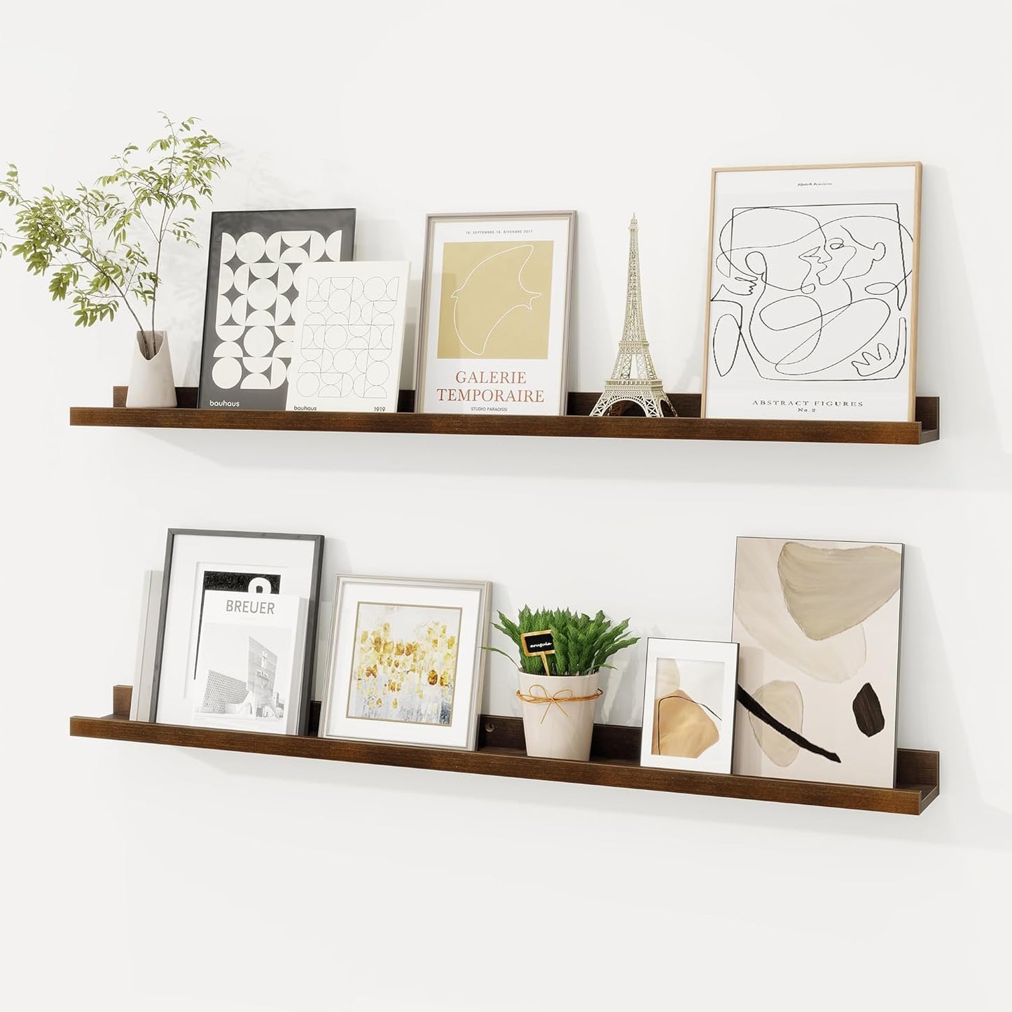 Picture Ledge Shelf, Solid Pine Wood Floating Shelves Set of 2, 36 Inches Nursery Book Shelves for Toys Storage, Kids Bookshelf Wall Mounted for Living Room Bedroom Decor Books Photo Frames, Walnut