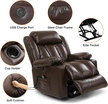 Power Lift Recliner Chair for Elderly Breathable Leather Recliner Chair with Massage and Heat for People Limited Mobility,2 Cup Holders,Electric Stand Assist,USB Ports,Gifts for Family (Brown)