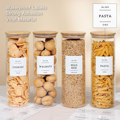 4 Pack Glass Jar with Airtight Wood Lid and White 132 Kichen Pantry Labels Preprinted - 38 Oz Clear Round Glass Food Storage Containers set For Cereal Rice Sugar