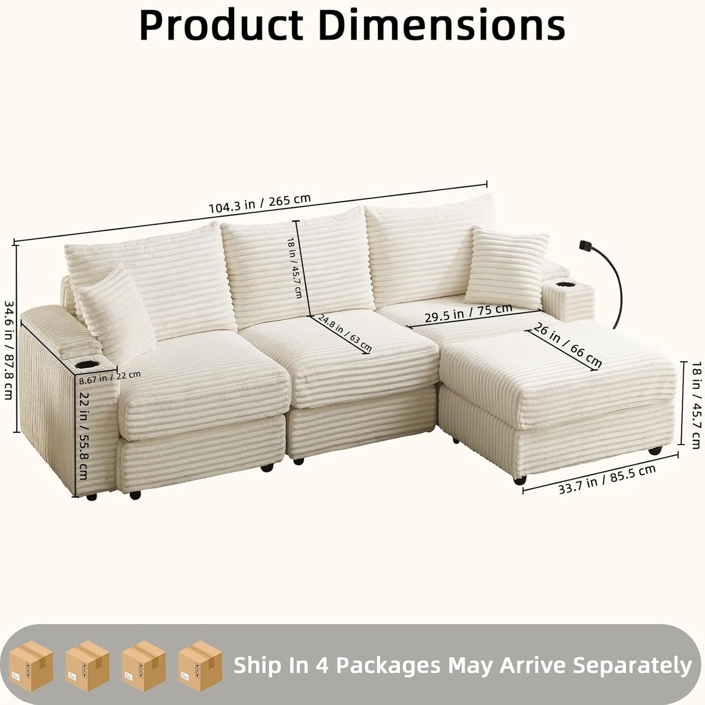 Modular Sectional Sofa Couch, Plush Corduroy Fabric Sectional Couches for Living Room with USB Charging Ports, Phone Holders, and Multi-Functional Storage Armrests (White, 3set+1ottoman)