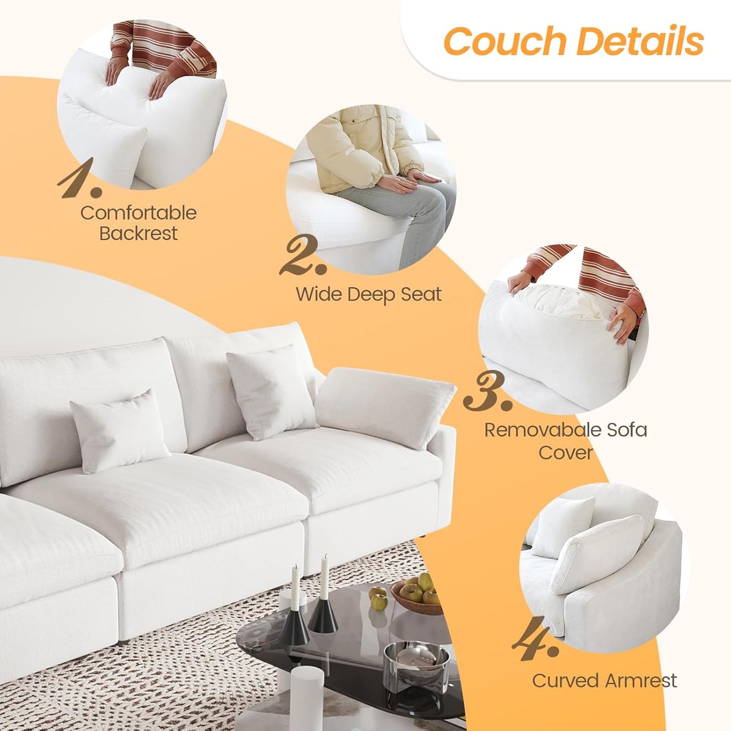 JACH Sectional Couches for Living Room, 4 Seater Cloud Sectional Couch with Deep Seat, Down Filled Modular Sofa, Covers Removeable & Washable, Sofas Furniture for Living Room, White