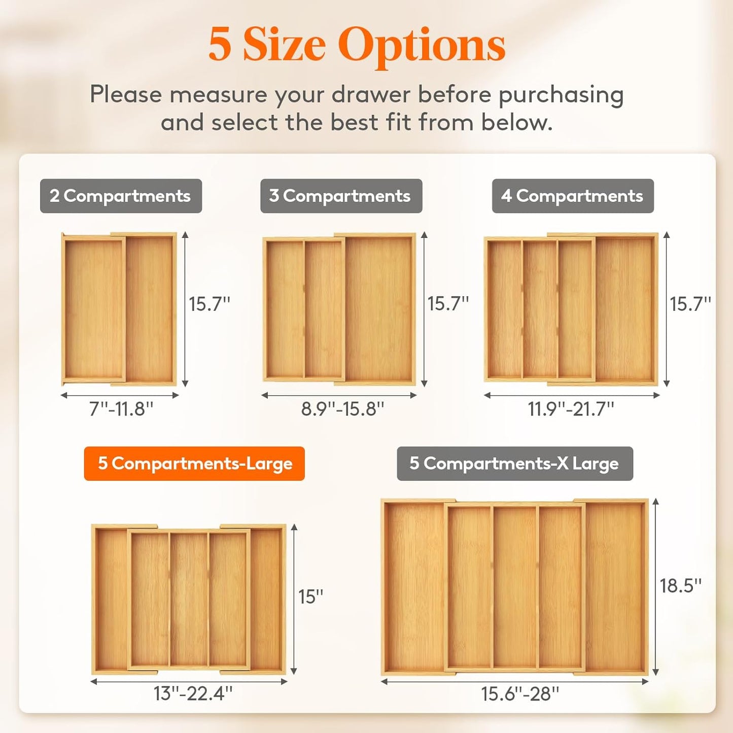 Lifewit Utensil Organizer for Kitchen Drawer, Expandable Cooking Utensil Tray, Bamboo Cutlery Silverware Flatware Holder, Adjustable Spatula Tools and Gadgets Storage Divider, Large, Natural