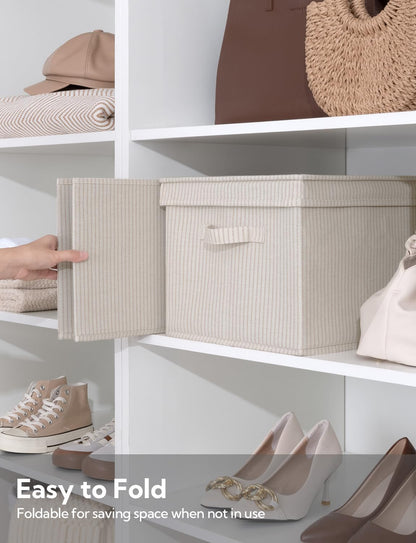 StorageWorks Storage Bins with Lids, Decorative Storage Boxes with Lid and Handles, Foldable Storage Baskets for Closet, Shelves, Stackable, Khaki Stripe, Jumbo, 3-Pack