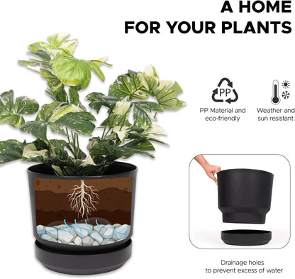 Elly Décor 8 inch Plastic Cylinder Planter Pot with Self-Watering Saucer and Drainage Hole,Lightweight & Extremely Durable, 8"x 8", Black