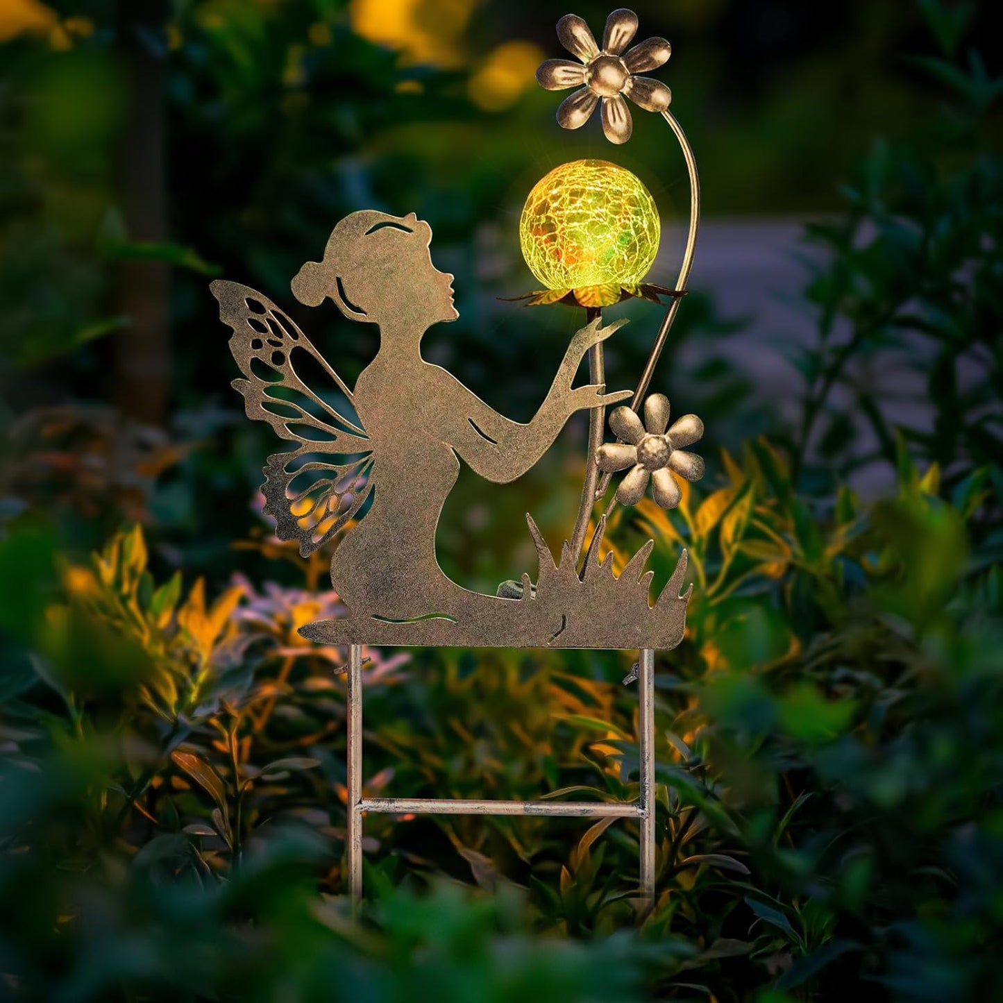 HONGLAND Solar Garden Lights Outdoor Decor, Fairy Figurine Moon Crackle Glass Lights Stake, Housewarming Ornament for Patio, Lawn, Yard, Pathway - Unique Gardening Gifts for Women Mom Grandma