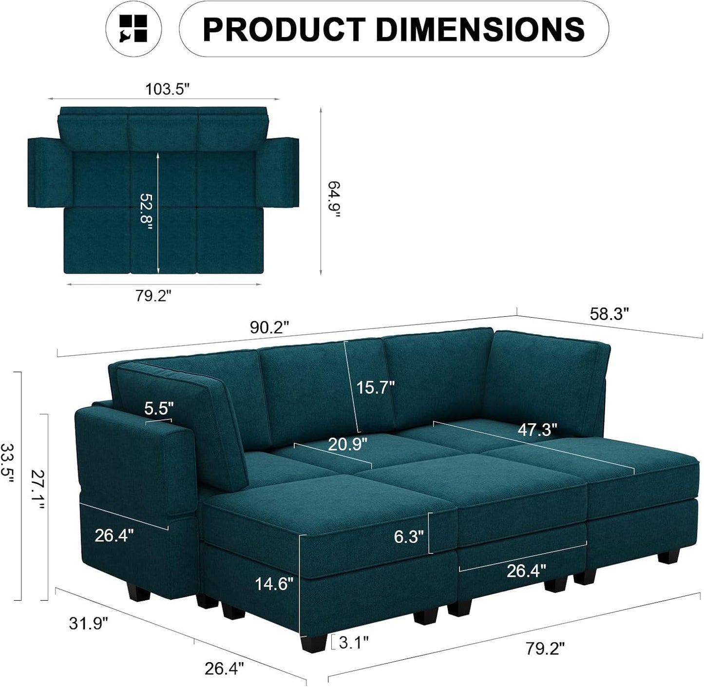 Belffin Terry Fabric Modular Sectional Sleeper Sofa Bed with Storage Convertible Sectional Couches for Living Room 6 Seaters Peacock Blue Modular Sofa