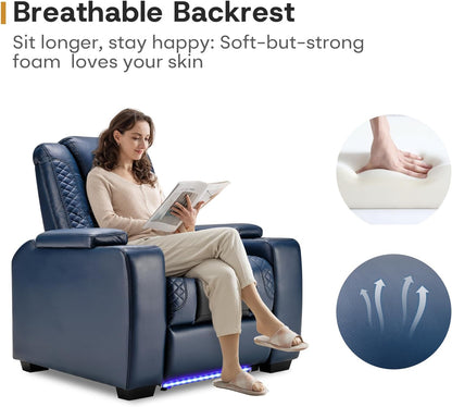 ANJ Power Home Theater Seating, PU Leather Electric Recliner Chair with Powered Headrest, Dual Motors Movie Reclining Chairs with LED Lights,USB Port, Cup Holders, Hidden Arm Storage (Blue & Black)