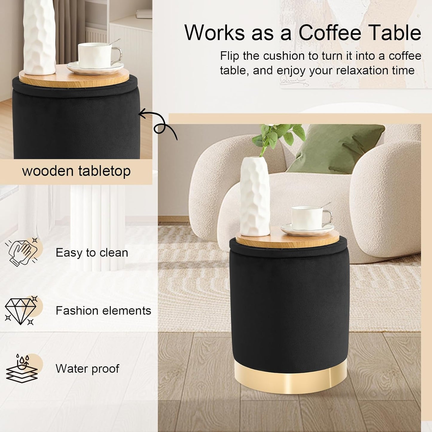 Round Ottoman with Storage Set of 2, Upholstered Velvet Storage Ottomans, Vanity Stool, Multifunctional Ottomans, Coffee Table Foot Rest Ottoman for Living Room Bedroom, Black