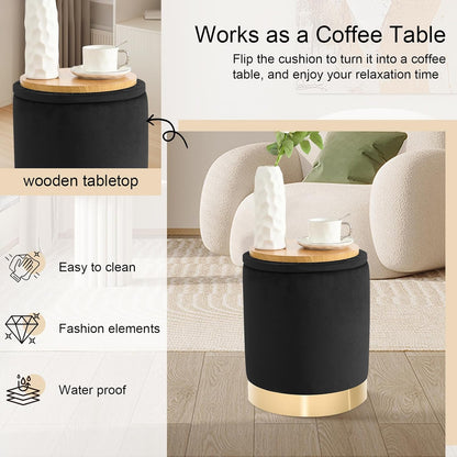 Round Ottoman with Storage Set of 2, Upholstered Velvet Storage Ottomans, Vanity Stool, Multifunctional Ottomans, Coffee Table Foot Rest Ottoman for Living Room Bedroom, Black
