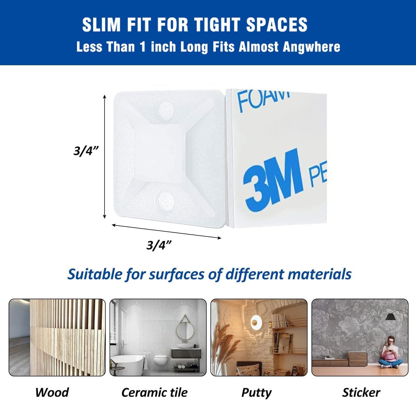 Strong Back-Glue Self Adhesive Cable Zip Tie Mounts Kit - 50 Set Cable Management Clips with 6" Zip Ties, Wire Holders - Outdoor Sticky Wire Organizer Clips-White