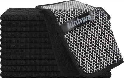 KinHwa Kitchen Washcloths for Dishes Absorbent Microfiber Dish Cloths Quick Dry Dish Rags with Poly Scour Scrub Side Ideal for Kitchen Cleaning (Black, 7inchx7inch 12 Pack)