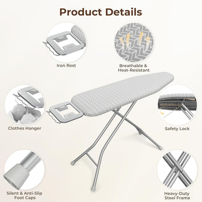 Yaheetech Foldable Ironing Board, Heavy Duty Iron Board with 9 Adjustable Heights, 4 Layer Cover and Safety Iron Rest, 52X14 Compact and Space Save Iron Board for Home Laundry Room Use, Gray&White