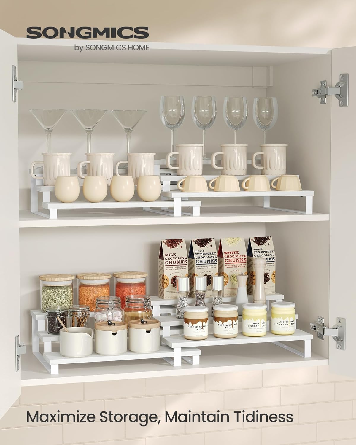 SONGMICS Display Risers, Set of 2 Engineered Wood Perfume Organizer Stand, 3-Tier Cupcake Stand Holder, Spice Rack, Shelf Risers for Figures, Dessert Shelves, Snow White and Cloud White UKCS116W01