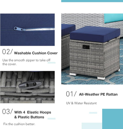 Patiorama 2 Piece Outdoor Patio Ottomans,All-Weather Grey PE Rattan Wicker Ottoman with Storage,Outdoor Footrest Footstool Seat w/Thick Cushion,Built-in Handle for Backyard Poolside Porch (Navy Blue)