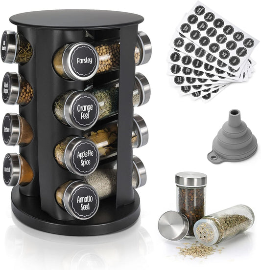 Black Countertop Rotating Spice Rack, 16-Jars Revolving Spice Rack Organizer Tower, 135 Spice Labels with Funnel Complete Set, Seasoning Organizer for Kitchen Countertop, Cabinet