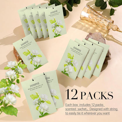 Jasmine Scented Sachet Bags - 12 Pack Closet Freshener Odor Eliminator, Long Lasting Home Fragrance for Drawers, Wardrobes & Cars, House Smell Good Products, Air Freshener for Closet